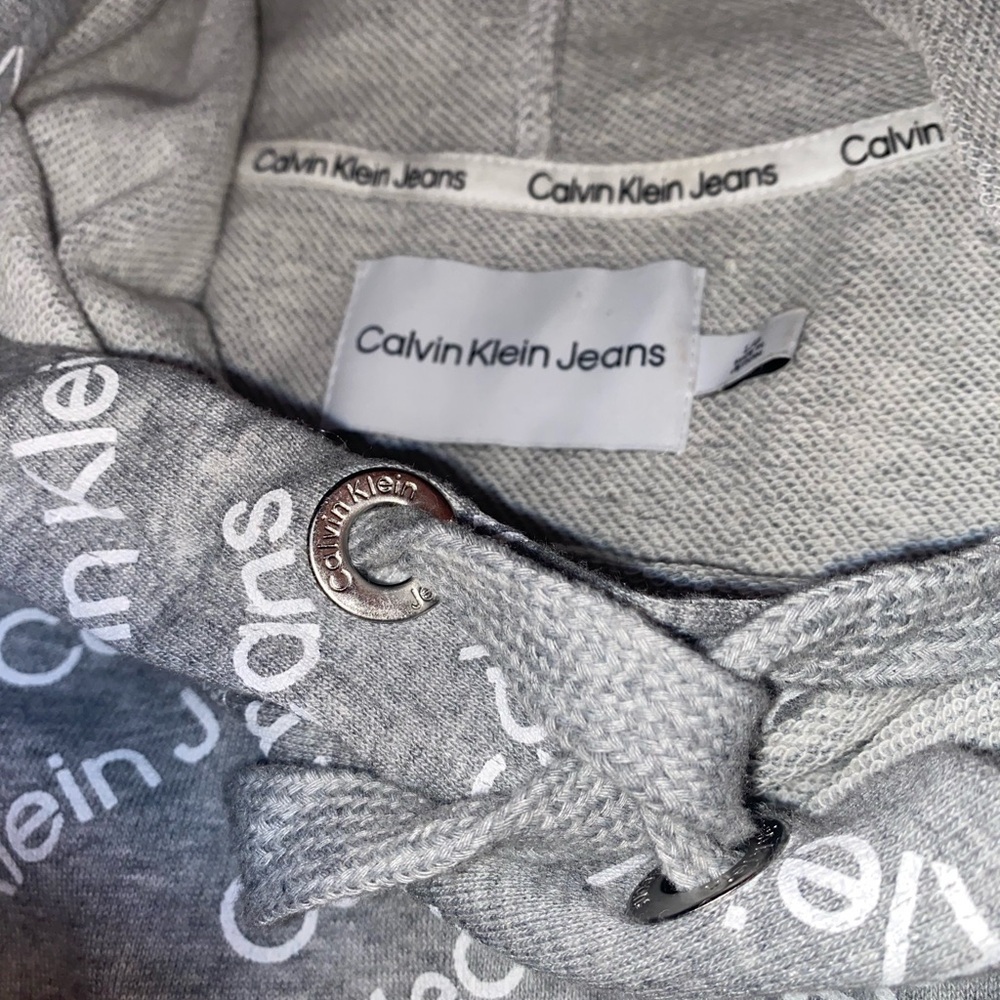 CALVIN KLEIN Allover Logo Print Hooded Mini Dress Gray and White in Size LARGE - Picture 6 of 9